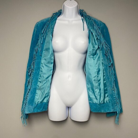 Dialogue Genuine Leather Washable Teal Green Western Fringe Coat Women's Size M - Picture 3 of 7